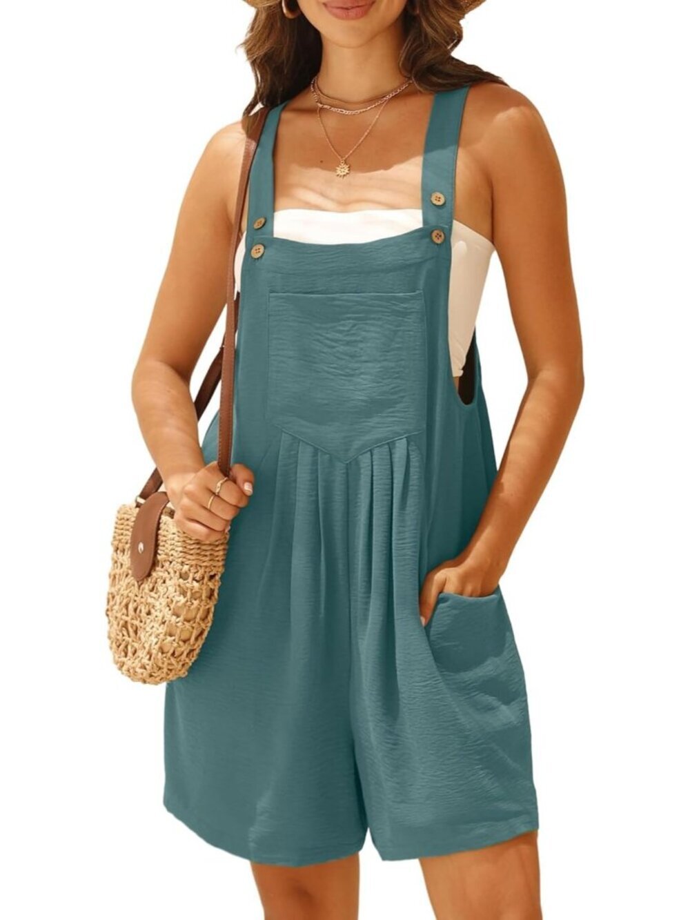 Women's Grey Blue Rompers Summer Wide Leg Shorts Overalls Adjustable Strap Bib